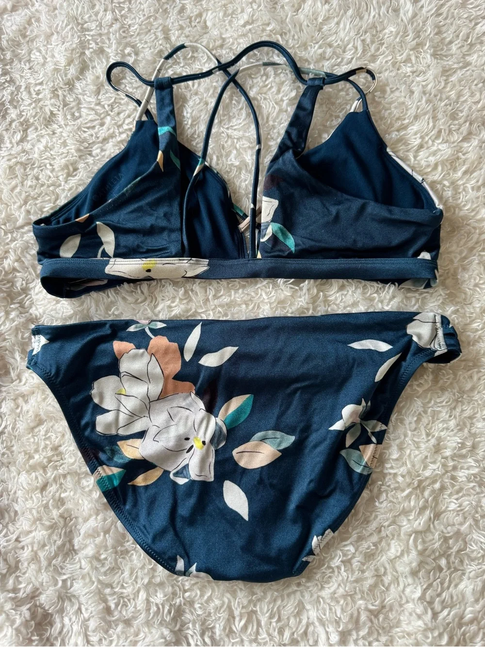 Athleta Aqualuxe Floradora navy blue floral Swimsuit bikini set crisscross top L
